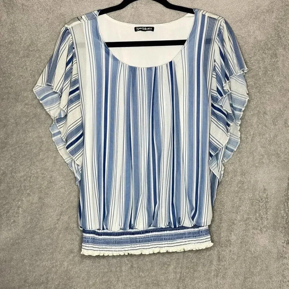 Sara Michelle Womens Top Small Blue Striped Short Sleeve Scoop Neck Casual - Picture 1 of 8